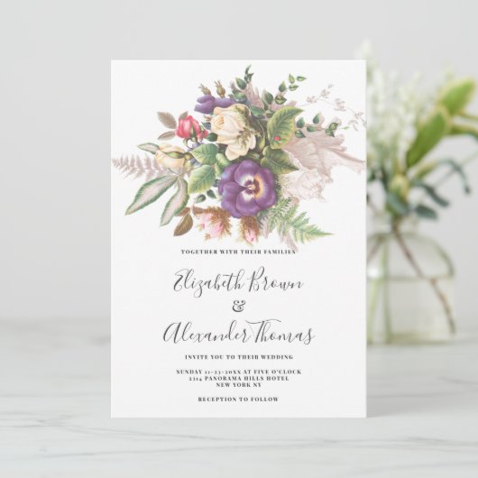 Elegant  paarse ivoren groene bloemenbruiloft kaart (Staand voorkant)