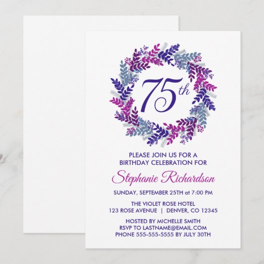 Elegant Paarse krans 75e verjaardagsfeestje Kaart (Voorkant / Achterkant)