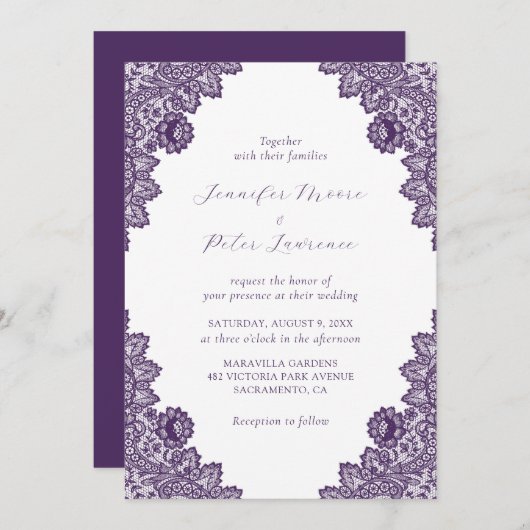 Elegant Paarse Lace Wedding Invitation Kaart (Voorkant / Achterkant)