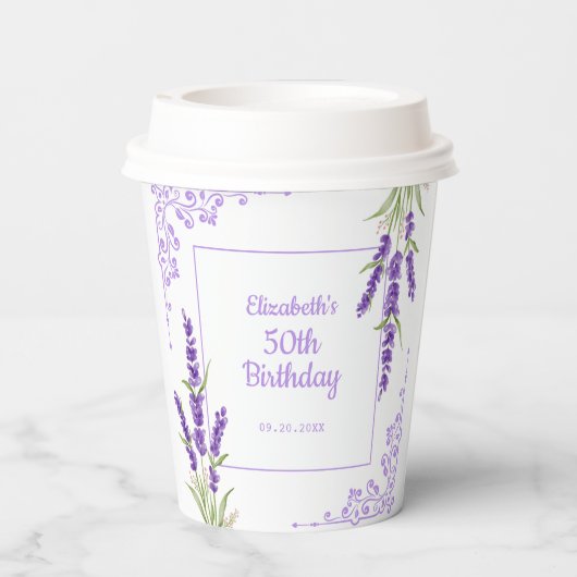 Elegant Paarse Lavendel Antiek Lijst Verjaardag Papieren Bekers (Achterkant)
