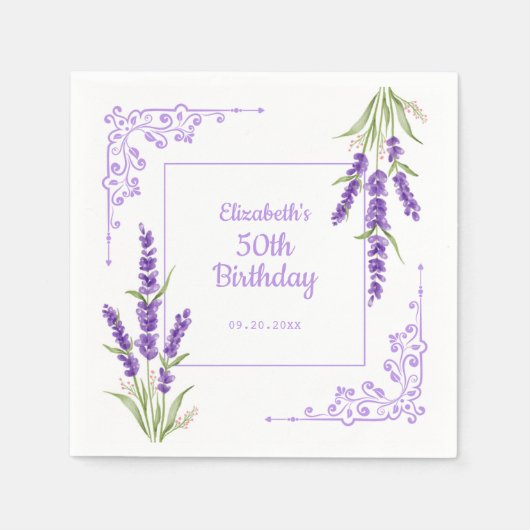 Elegant Paarse Lavendel Antiek Lijst Verjaardag Servet (Voorkant)