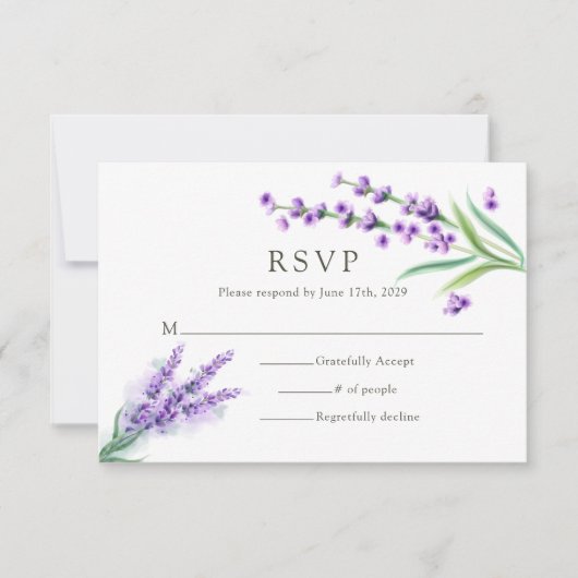 Elegant Paarse Lavendel Waterverf Bloemen Bruiloft RSVP Kaartje (Voorkant)