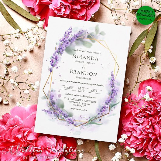 Elegant Paarse Lavender Waterverf Floral Wedding Kaart