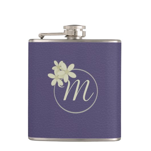 Elegant Paarse Leather Look Daisy Monogram Heupfles (Voorkant)