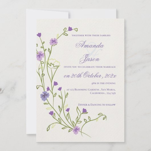 Elegant Paarse Lijst Bloemen Bruiloft Kaart (Voorkant)