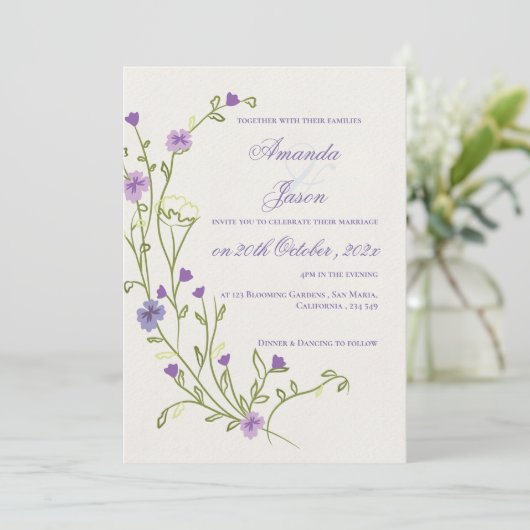 Elegant  Paarse Lijst Bloemen Bruiloft Kaart (Staand voorkant)