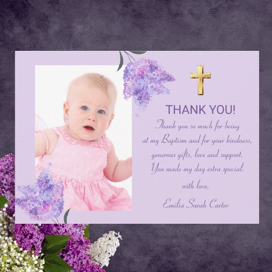 Elegant Paarse Lila gouden kruis meisje doop Bedankkaart