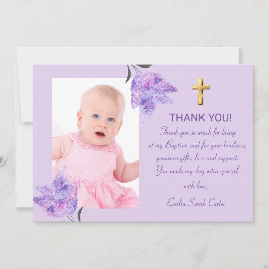 Elegant Paarse Lila gouden kruis meisje doop Bedankkaart (Voorkant)