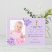 Elegant Paarse Lila gouden kruis meisje doop Bedankkaart (Staand voorkant)