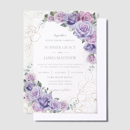 Elegant Paarse Lila lavender Rozen Weddenschap Vellum Uitnodigingen (Offset)