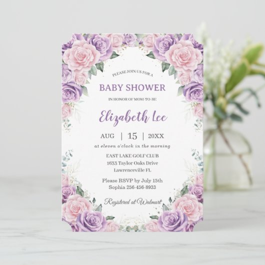 Elegant Paarse Lila Roze Bloemen Baby shower Kaart (Staand voorkant)