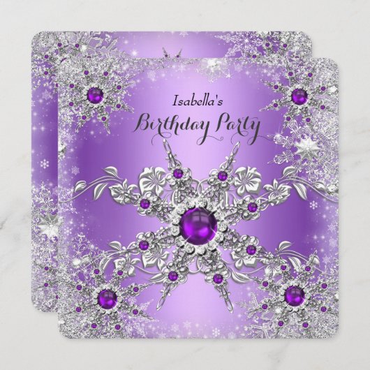 Elegant Paarse Lila Snowflake Birthday Party Kaart (Voorkant / Achterkant)