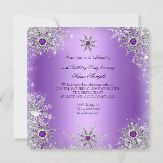 Elegant Paarse Lila Snowflake Birthday Party Kaart (Achterkant)