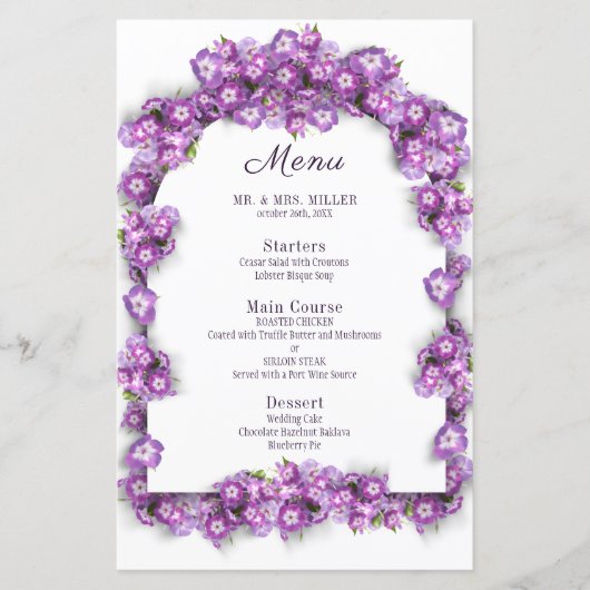 Elegant Paarse Lila WhiteArch Bloemenbruiloft Menu (Voorkant)