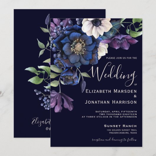 Elegant Paarse marine Blue Cream  Floral Dark Kaart (Voorkant / Achterkant)