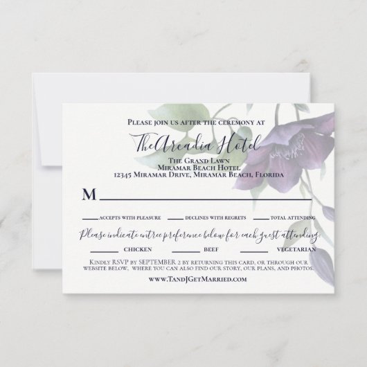 Elegant Paarse marine Blue Cream Reception Dinner RSVP Kaartje (Voorkant)