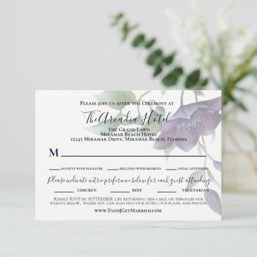 Elegant Paarse marine Blue Cream Reception Dinner RSVP Kaartje (Staand voorkant)