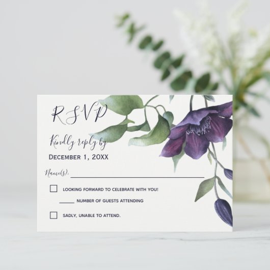 Elegant Paarse marine Blue Cream Wedding RSVP (Staand voorkant)