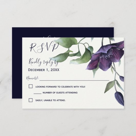 Elegant Paarse marine Blue Cream Wedding RSVP (Voorkant / Achterkant)