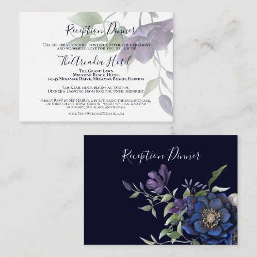 Elegant Paarse marine Blue Reception Dinner Invite Informatiekaartje (Voorkant / Achterkant)