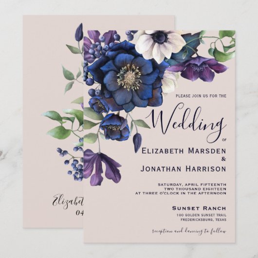 Elegant Paarse marine Champagne  Floral Kaart (Voorkant / Achterkant)