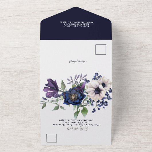 Elegant Paarse marineblauw vezel in één keer All In One Uitnodiging (Buitenkant)