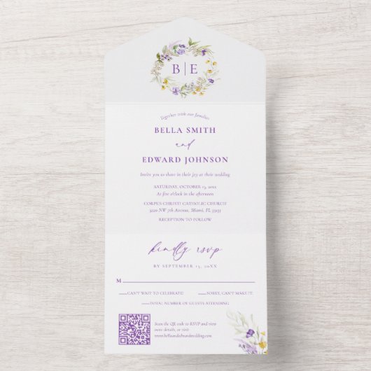 Elegant Paarse Monogram Bloemen Bruiloft QR Code All In One Uitnodiging (Binnen)