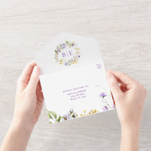 Elegant Paarse Monogram Bloemen Bruiloft QR Code All In One Uitnodiging