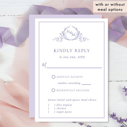 Elegant Paarse monogram met/zonder maaltijden RSVP