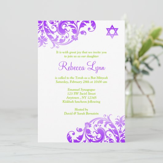 Elegant Paarse Ombre Flourish Bat Mitzvah Kaart (Staand voorkant)