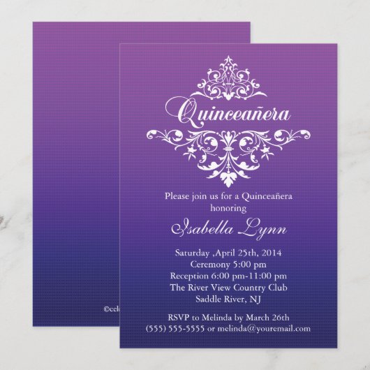 Elegant Paarse Ombre Quinceañera Partij Kaart (Voorkant / Achterkant)