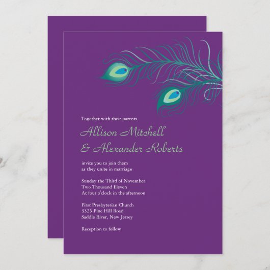 Elegant Paarse Peacock Feathers Weddenschap Kaart (Voorkant / Achterkant)