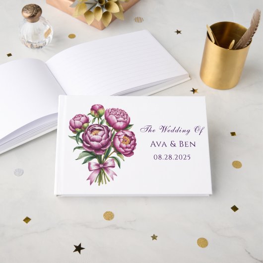 Elegant Paarse Peony Floral Wedding Gastenboek (Voorkant open)