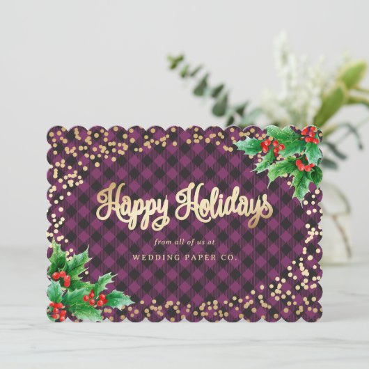 Elegant Paarse Play Waterverf Holly Business Feestdagenkaart (Staand voorkant)