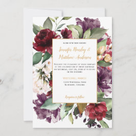 Elegant Paarse rood goud bloemenexplosie bruiloft Kaart