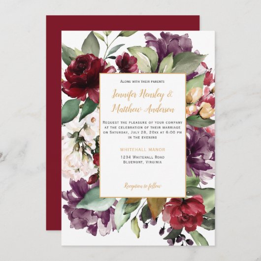 Elegant Paarse rood goud bloemenexplosie bruiloft Kaart (Voorkant / Achterkant)