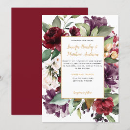 Elegant Paarse rood goud bloemenexplosie bruiloft Kaart
