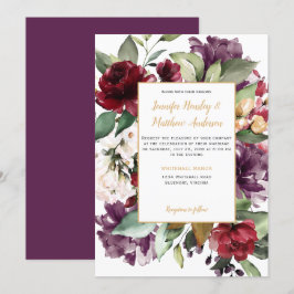 Elegant Paarse rood goud bloemenexplosie bruiloft Kaart