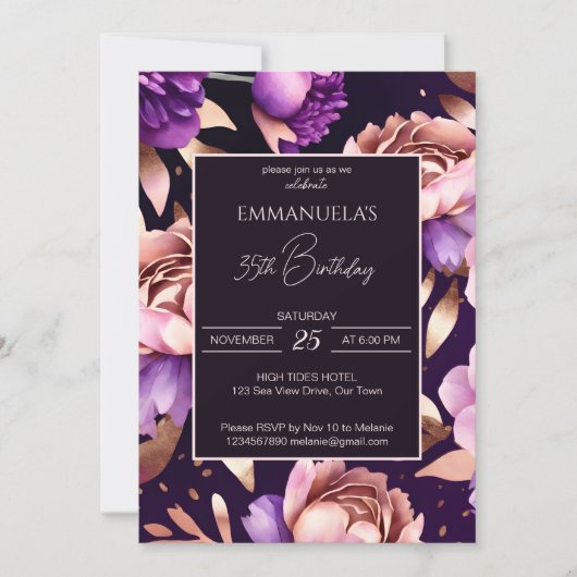 Elegant paarse roos gouden bloemige sjabloon kaart (Voorkant)