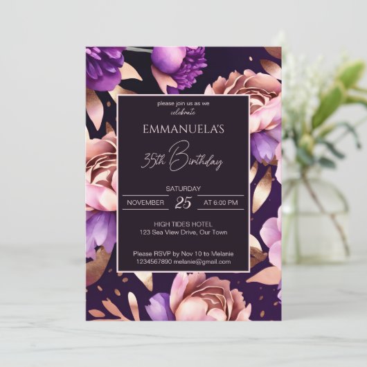 Elegant paarse roos gouden bloemige sjabloon kaart (Staand voorkant)