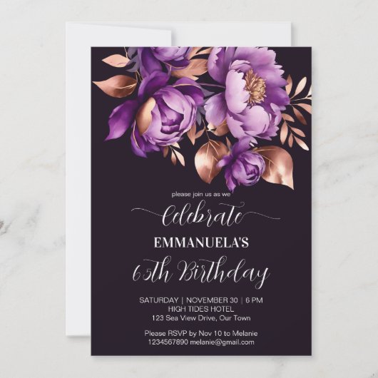 Elegant paarse roos gouden bloemige sjabloon kaart (Voorkant)