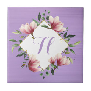 Elegant Paarse Roze Bloemen Monogram Initiaal Tegeltje