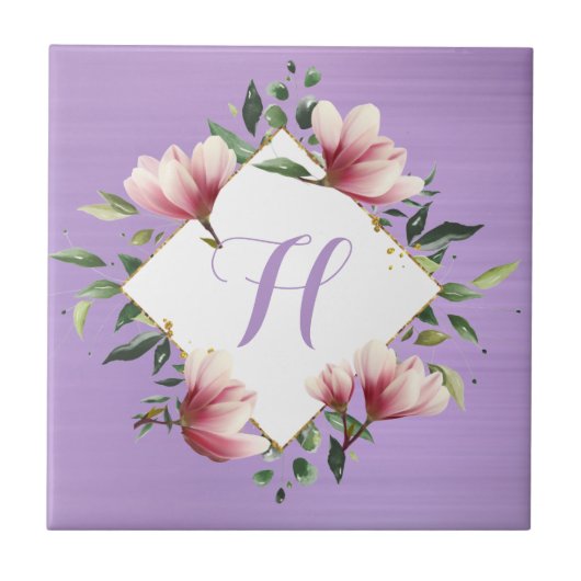 Elegant Paarse Roze Bloemen Monogram Initiaal Tegeltje (Voorkant)