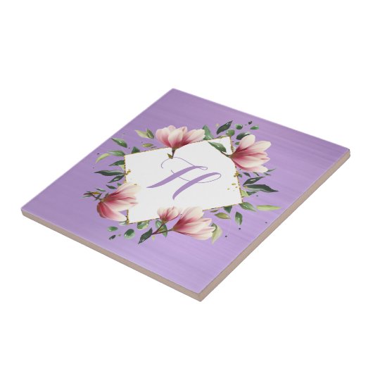 Elegant Paarse Roze Bloemen Monogram Initiaal Tegeltje (Zijkant)