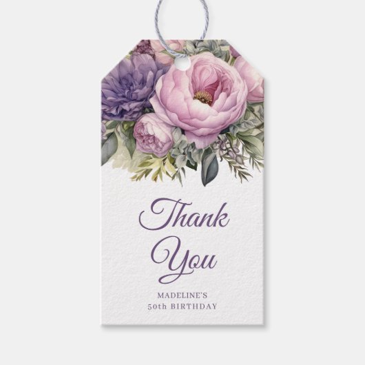 Elegant Paarse roze bloemenkorf 50ste verjaardag Cadeaulabel (Voorkant)