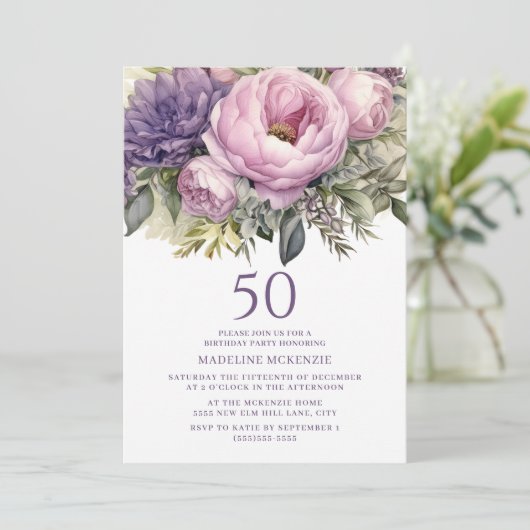 Elegant Paarse roze bloemenkorf 50ste verjaardag Kaart (Staand voorkant)