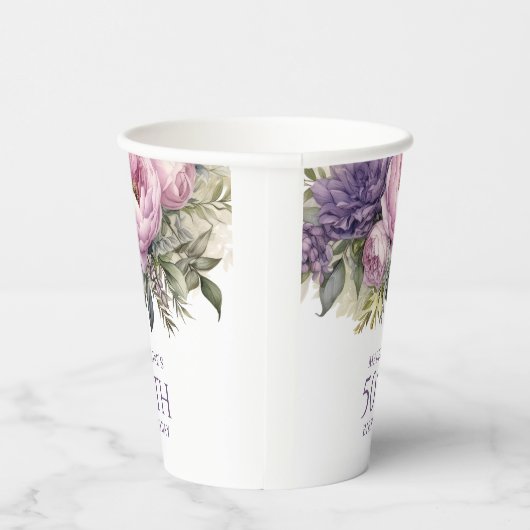 Elegant Paarse roze bloemenkorf 50ste verjaardag Papieren Bekers (Rechts)