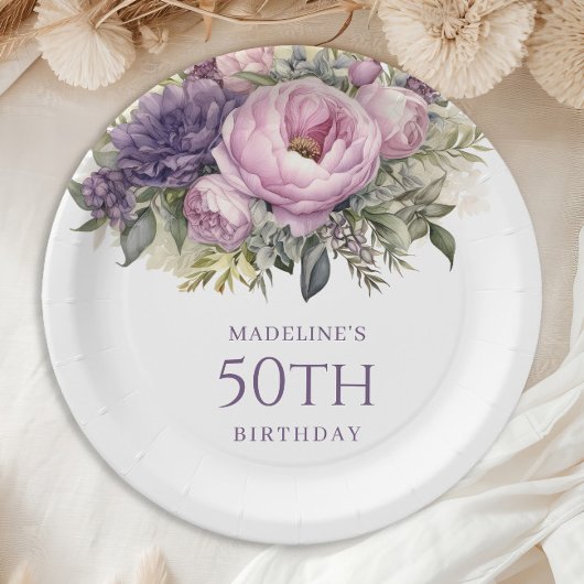Elegant Paarse roze bloemenkorf 50ste verjaardag Papieren Bordje
