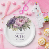 Elegant Paarse roze bloemenkorf 50ste verjaardag Papieren Bordje (Feest)