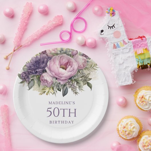 Elegant Paarse roze bloemenkorf 50ste verjaardag Papieren Bordje (Feest)